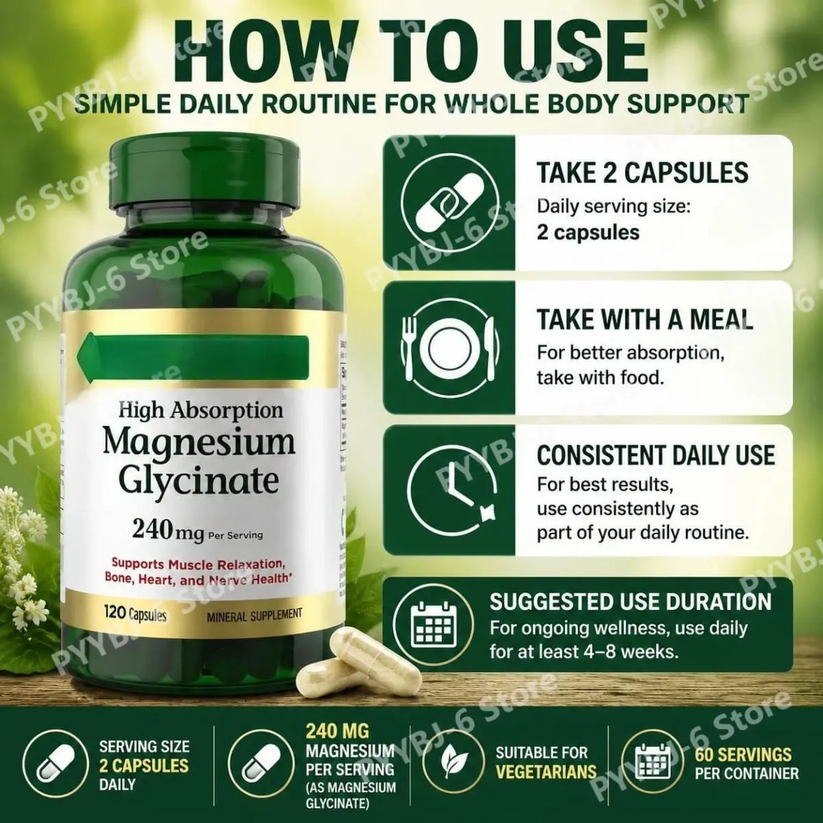 Magnesium Glycinate Capsules High Absorption Supports Muscle Relaxation Supports Bone Health 120 Capsules for Adults
