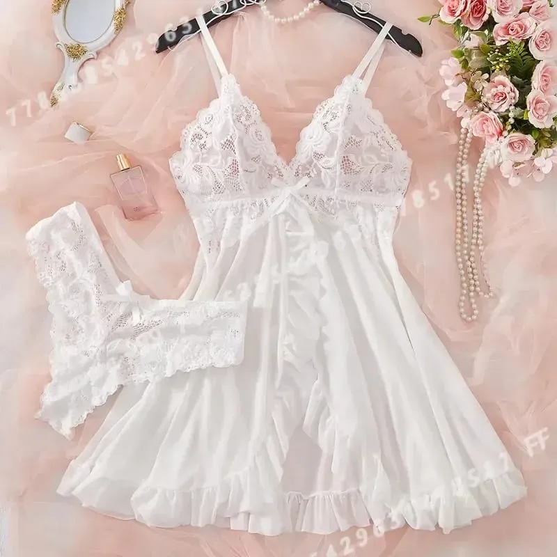 Women Sexy Lingerie Set Lace Bra Nightdress Solid Color Slim Fit Soft Sleepwear Erotic Underwear Dress