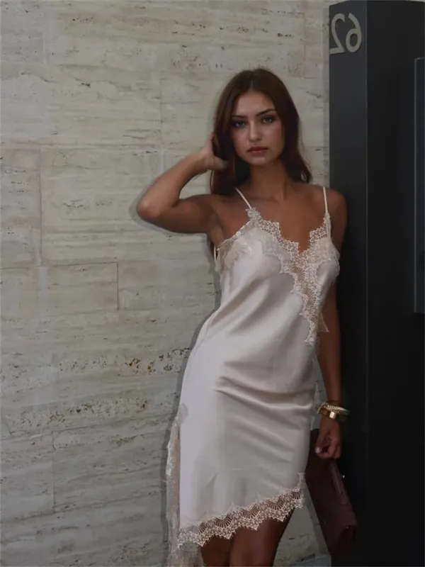 Satin Sexy Lace Spliced Short Sling Dress Women Sleeveless Backless Asymmetric Sexy Party Dresses 2025 Summer Lady Dress
