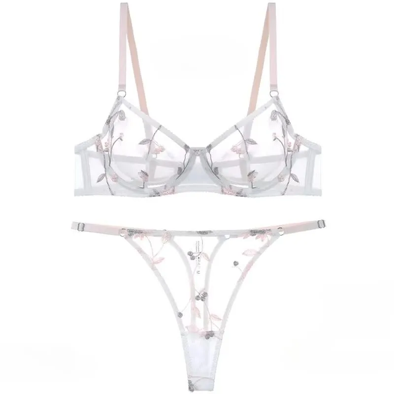 Modest European Lace Sheer Embroidery Underwire Bra Set Minimizer Anti-Sagging Support Big Bust Comfort Lingerie S-XL