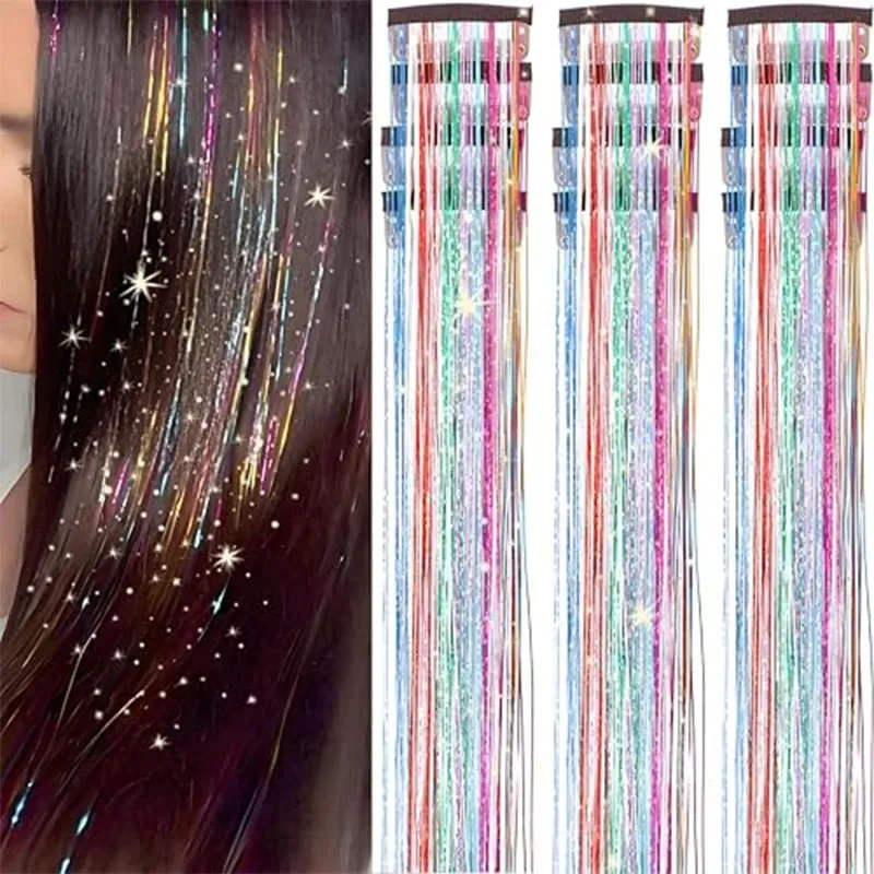 Red Hair Tinsel 12Pcs Clip in Hair Tinsel Kit 22Inch Tinsel Hair Extensions Christmas Hair Tinsel Party Festival Accessories