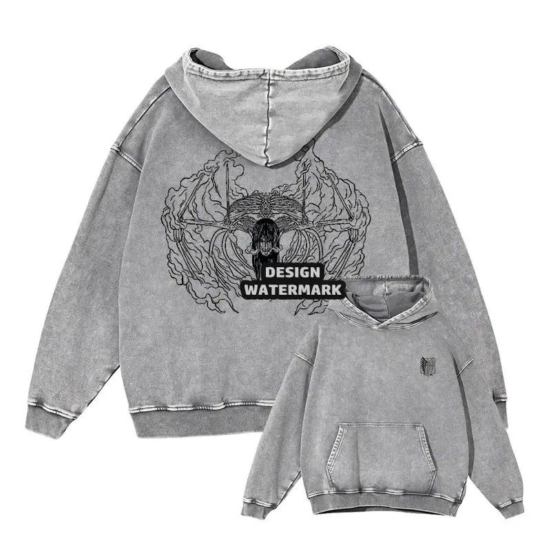 Anime Levi Hoodies Vintage Washed A-Attack on Titan Hoodie Casual Manga Yeager Eren Kapuzenpullover Titan Attack Pullover