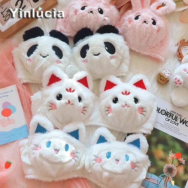 Cute Cartoon Furry Cat Ears Lingerie Bras Underpants Underwear 2 Pcs Sets Sweet Warm Winter Plush Underwear Set Christmas