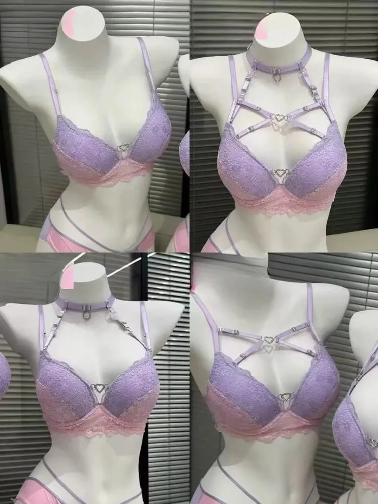 Chic Hollow Lace Tie Strap Lingerie Set Sexy Push Up Brassiere Gathering Ladies Fashion Inner Underwear Set 32 34 36 38