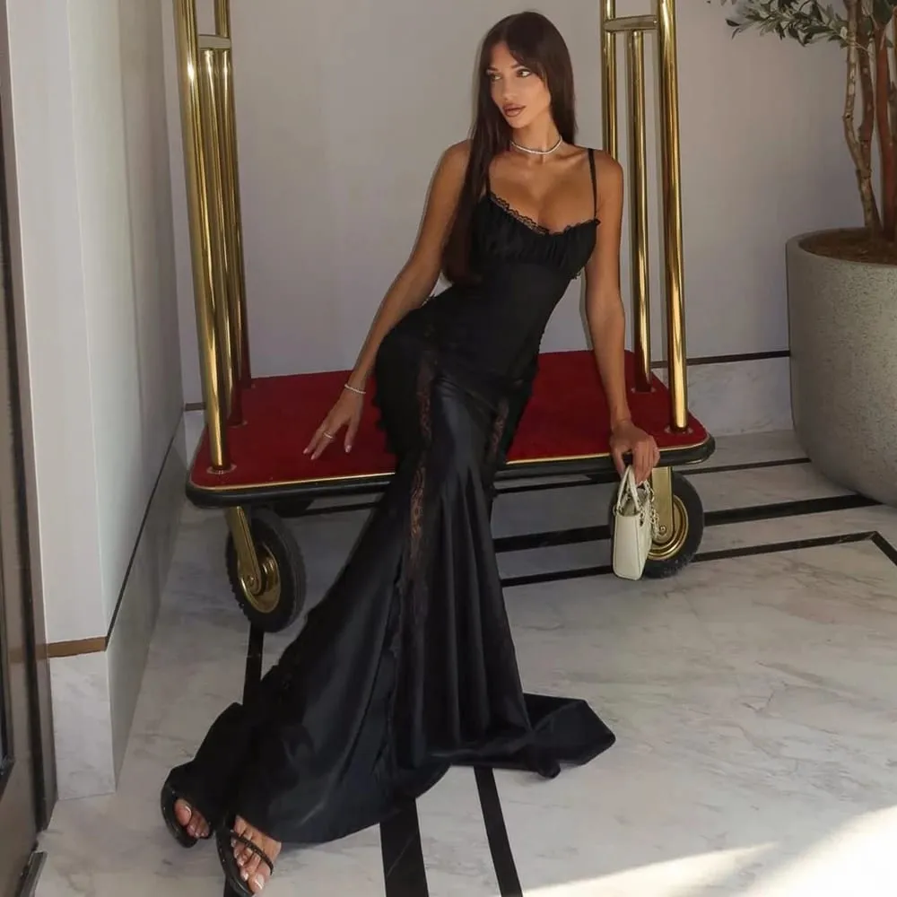 Talenza Luxury Lace Evening Dress Women's Sexy See-Through Lace Patchwork Sleeveless Dress Elegant Hollow Out Female Party Dress