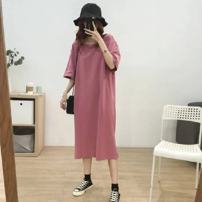New Korean Short-sleeve Solid Color Side Cut Cotton Maxi Dresses Female Student Loose Basic Round Neck Style Long Dress