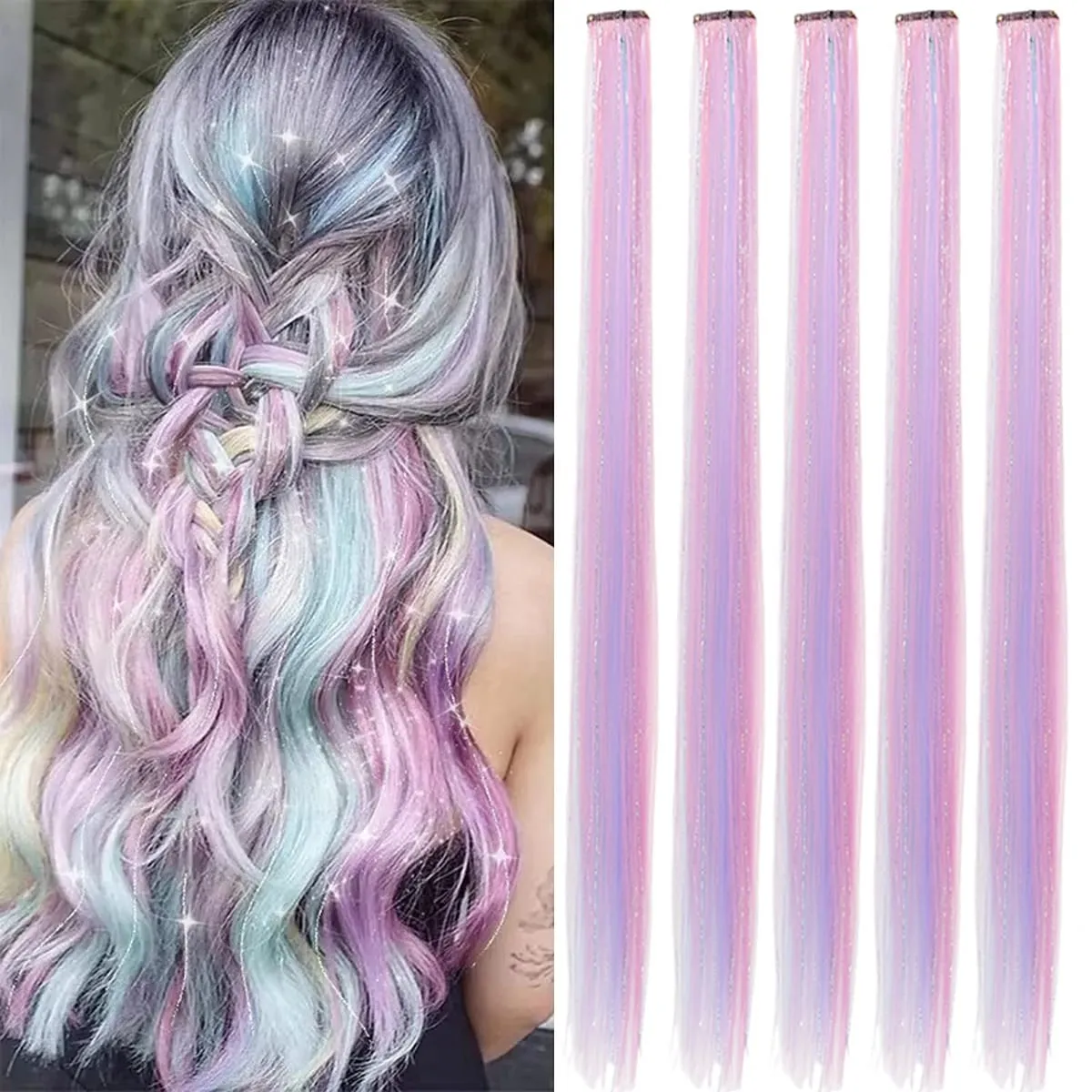 5PCS Synthetic Clip In Rainbow Tinsel Hair Extensions Colorful Glitter Sparkle Hair Shiny Hair Hairpieces For Women Girls