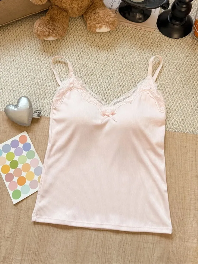 Spaghetti Strap Camis 2026 Summer Lace Ribbed Women Tank Top With Built In Bra Pads Slim Fit Crop Top For Inner & Outer Wear