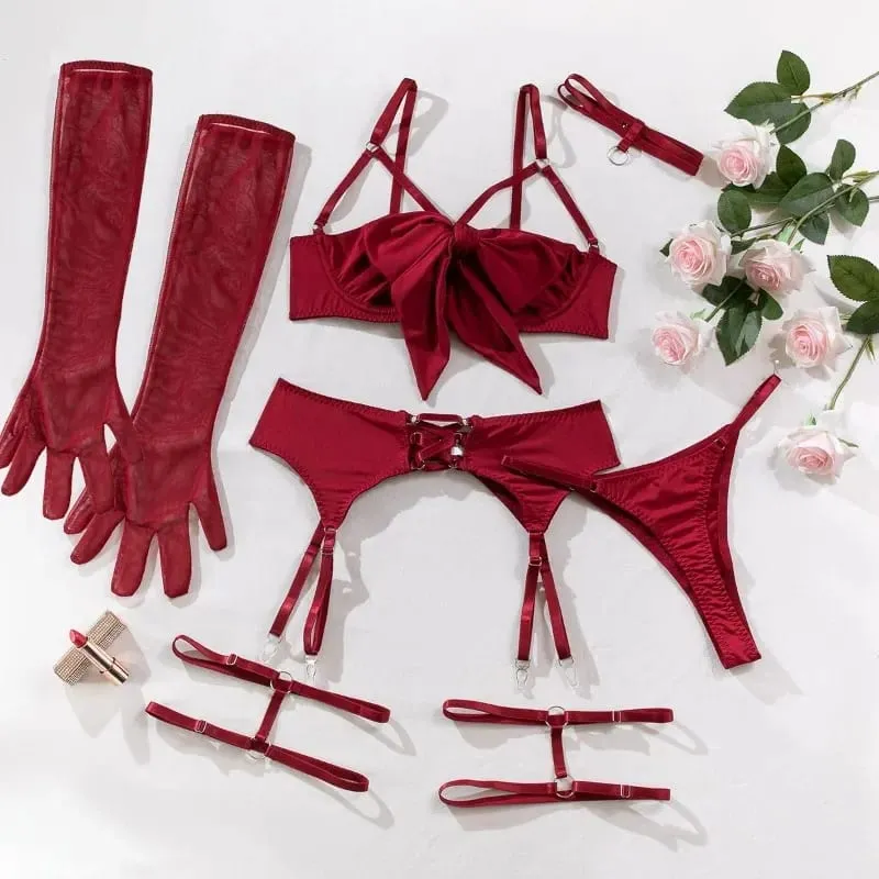 Women 4 Piece Sexy Lingerie Set Hollow Out Gathered Push Up Bra Bow Decor Waist Belt Black Matching Underwear Sleep Nightwear