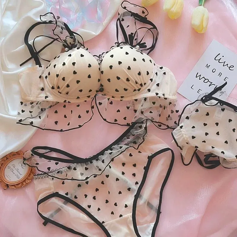Cute Heart Lingerie Set for Girls Bralette & Panty Set Wire-Free Soft Bra Small Breasts Comfort