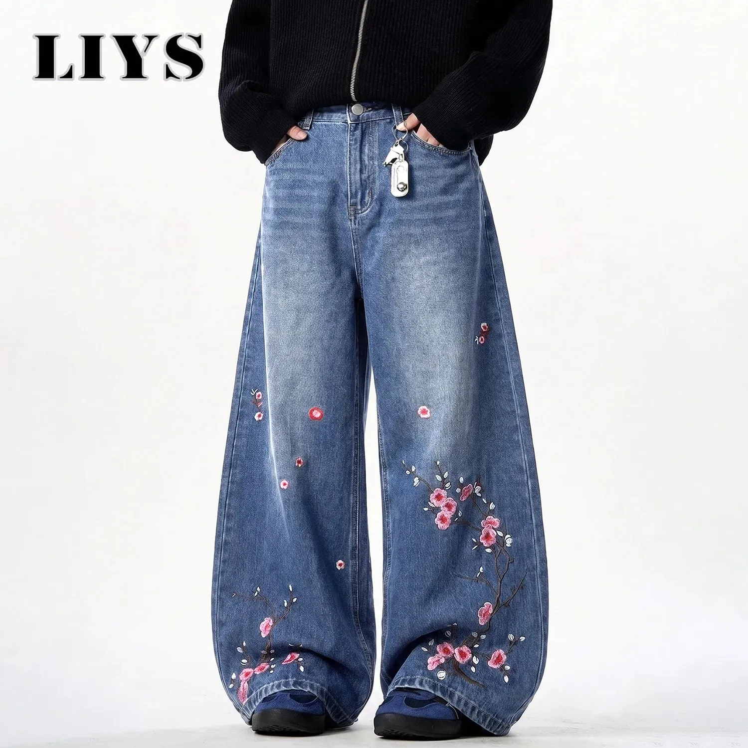 Men's Retor Plum Blossom Embroidered Baggy Jeans Blue Washed Wide Leg Denim Streetwear Casual Denim Pants Unisex