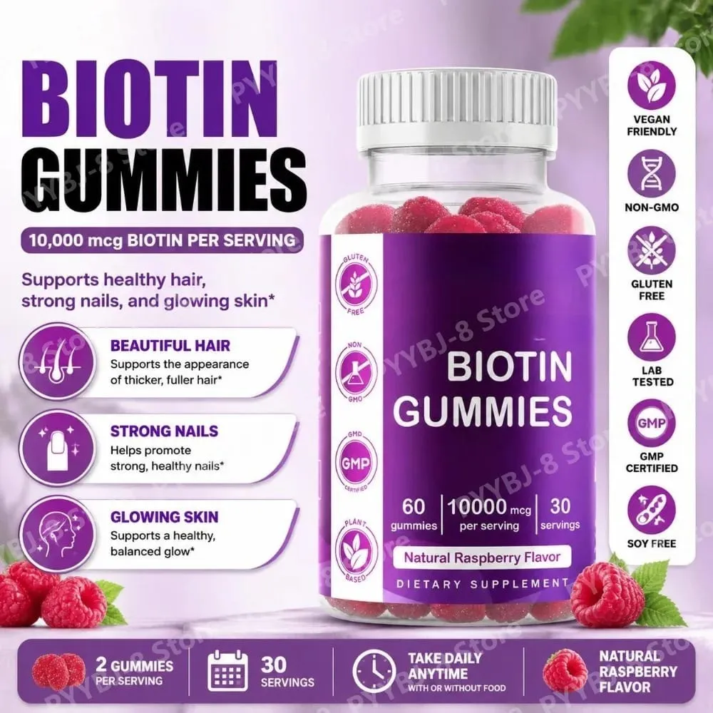 Biotin Gummies with Vitamin Vegan Gluten Free Soy Free Natural Raspberry Flavor Support Hair Nail and Skin Health 60 Gummies