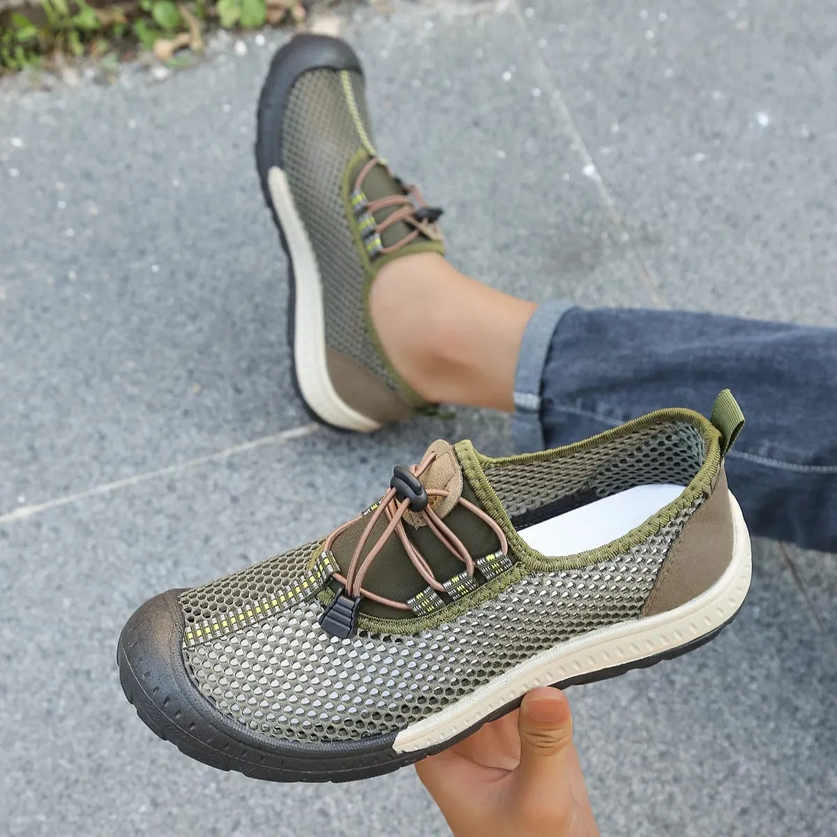 Men's Hollow Mesh Quick Toggle Lace Walking Trainers Striped Stitching Trim Wrapped Thick Rubber Toe Cap Outdoor Casual Shoes