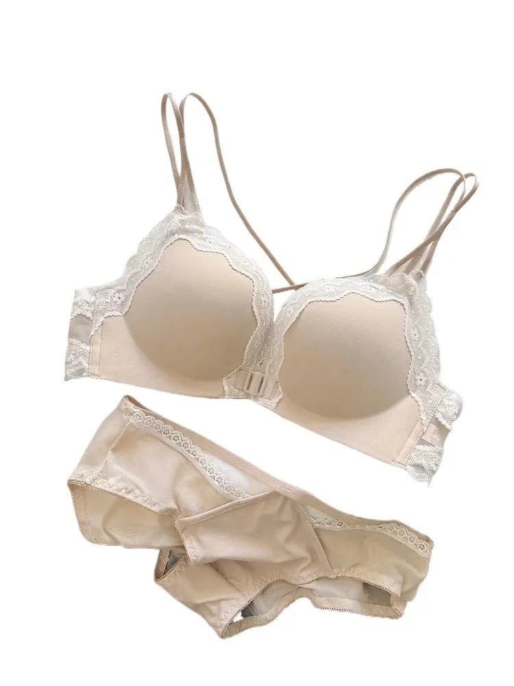 Victoria Style Wireless Lingerie Set Pink Leopard Pattern Front Closure Bra Sensual Back Push Up for Small Bust 32-38