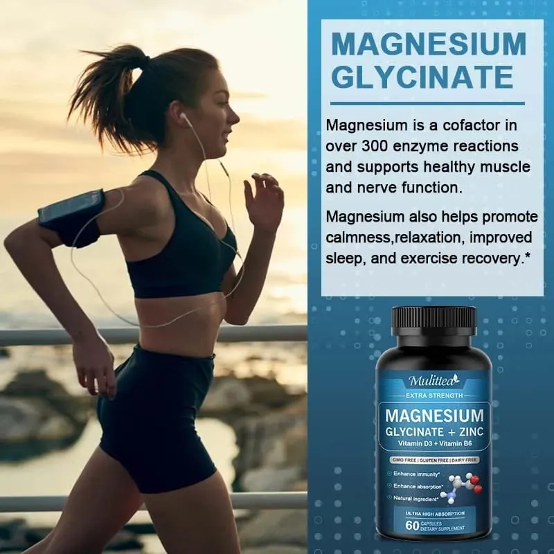 Mulittea Glycine Magnesium capsule with Zinc Vitamin D3 B6 Health for Bones and Teeth Health Helps Natural Sleep Relieve Anxiety