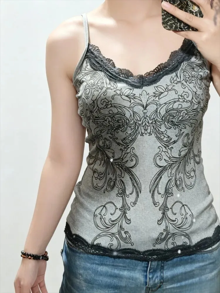 Punk Hottie Vintage Diamonds Print Camisole Vest Women American Sexy Outerwear Slim Patchwork Lace Tanks Gothic Y2k Crop Tops