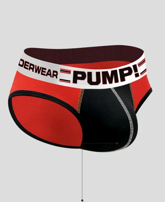 Celana Dalam Katun Warna Blok Pria, Pump! Logo Celana Dalam Kantong Cembung 3D Seksi Bertingkat Rendah Ikat Pinggang Lebar 3256813080433415