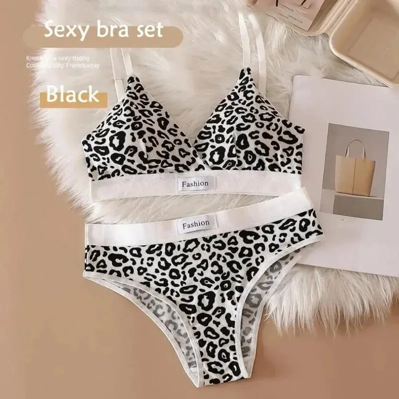 Women Seamless Bra Set Sexy Lingerie Low Waist Panties Leopard Bralette Set Vneck Sport Brassiere Female Cotton Underwear Set