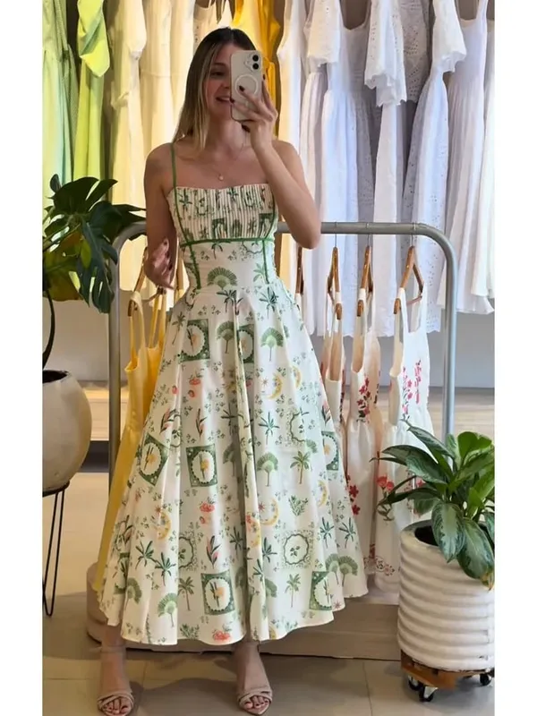 Printed Sleeveless Halter Long Dress Women Chic Waist Cinching A-line Sling Slim Fit Dresses Lady Spring Summer Vacation Gown