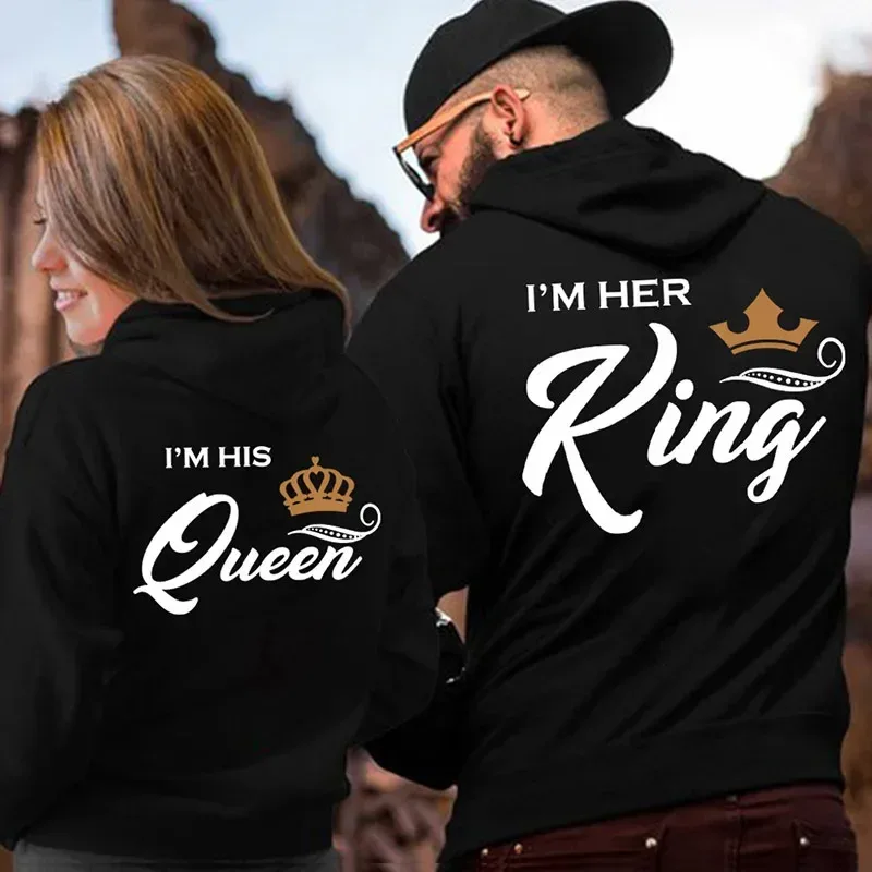 Stampa Felpe con cappuccio Her King o His Queen Lover Harajuku Fashion Casual Donna Uomo Abbigliamento Amanti Felpa con cappuccio Coppia