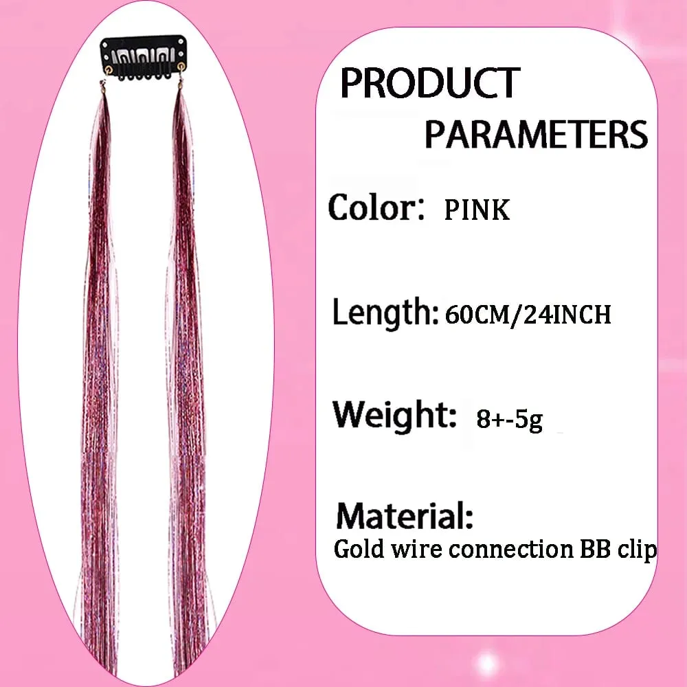 Multi-color Laser Wire Hair Extensions Shiny Tinsel Clip-in Hair Pieces Glitter Colored Hair Strands for Daily & Party Hairstyle