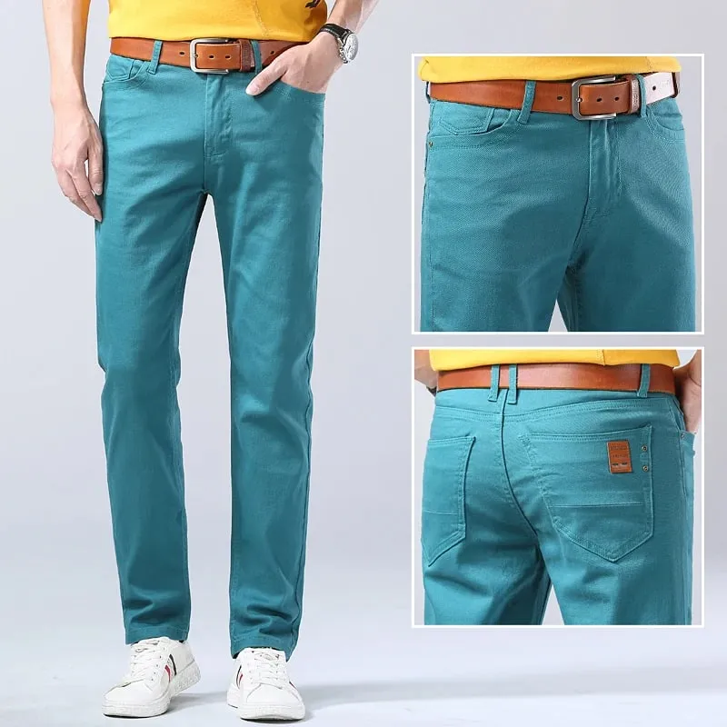 Spring New Men's Red Elastic Jeans Korean Slim Straight Leg Wash Denim Pants Comfortable Soft Casual Trendy High End Trousers