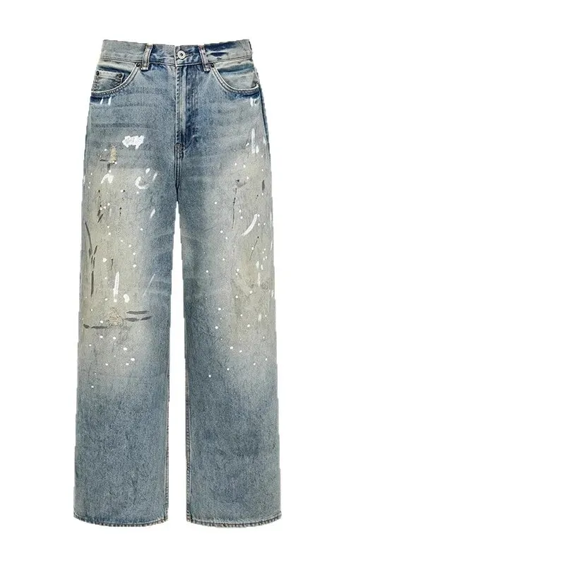 2025 New Men's 3D Chain Printed Baggy Jeans Autumn Casual Baggy Straight Denim Pants men High Street Blue Wide-leg Y2K Jean