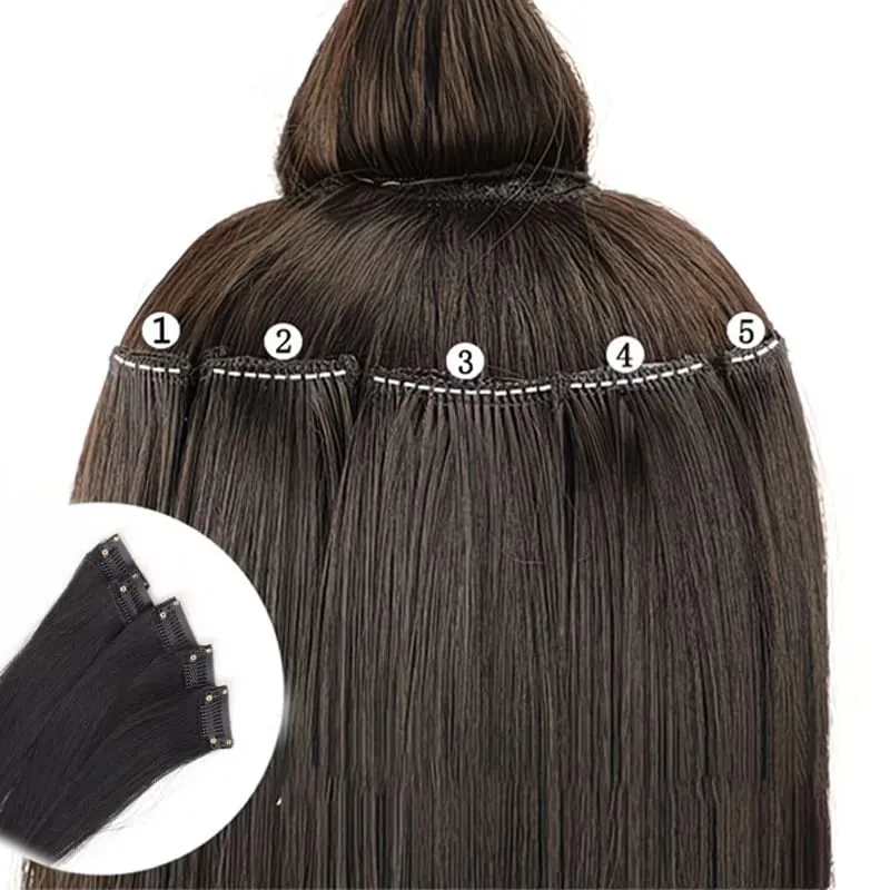 24 Inch Women's Elegant Clip On Synthetic Wig - Natural Style Long High Gloss Straight Hair Piece Wig Extension