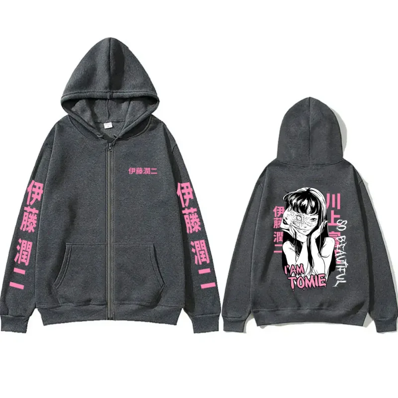 Anime Tomie Junji Ito Zipper Hoodie Men Women Vintage Manga Horror Gothic Zip Up Sweatshirts Men's Cosplay Retro Zip Up Jacket