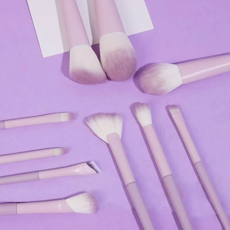10Pcs Pink Purple Gradient Plastic Handle Makeup Brush Set Synthetic Fiber Bristles Powder Foundation Cosmetic Brushes
