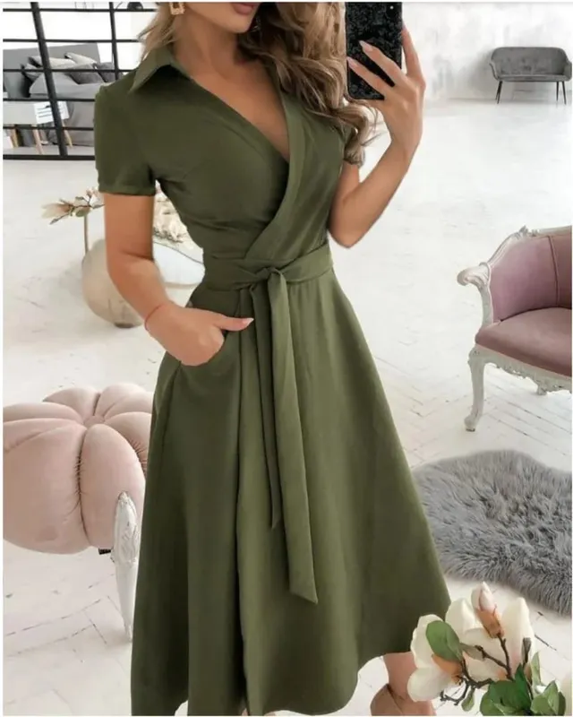 Women's Short Sleeve Wrap Dress V Neck Midi Dress With Self Tie Belt And Side Pockets For Casual Party Evening Wear