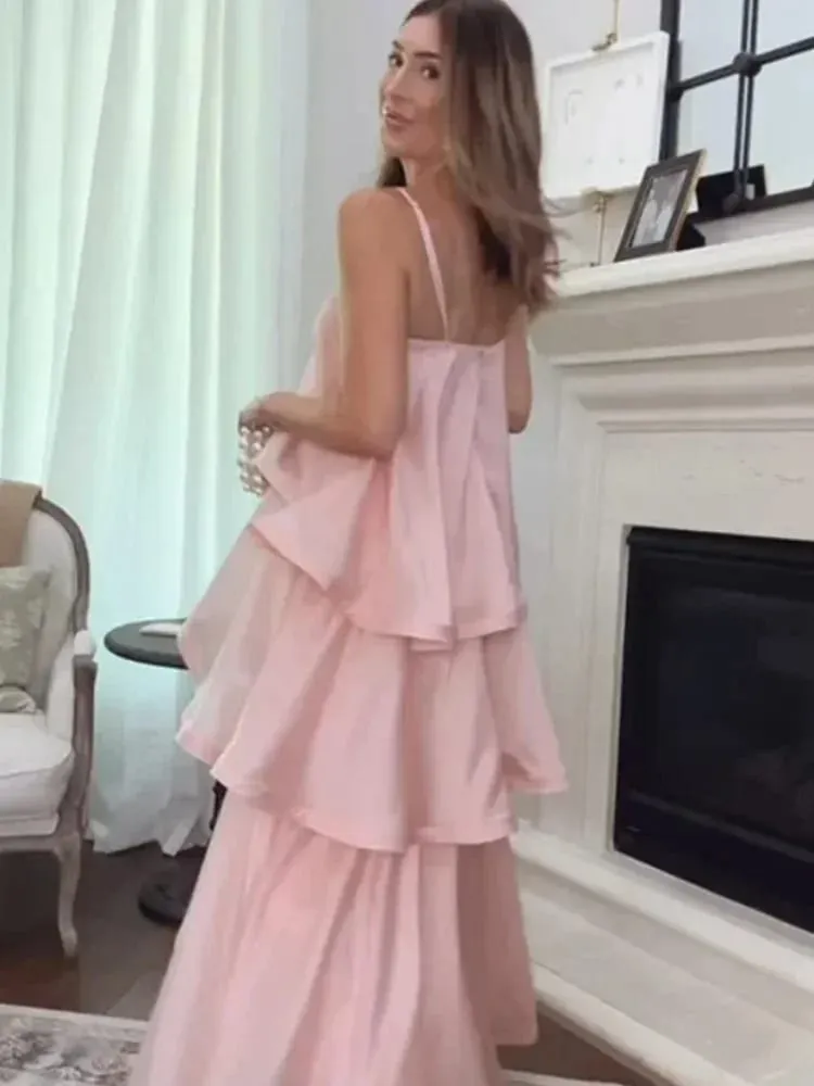 Women Pink Ruffled Strapless Dress Sleeveless Backless Loose Long elegant robes 2025 Lady Vacation Beach Party Evening Gown New