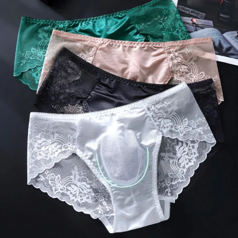 Men Sexy Lace Briefs Low Waist Floral Sheer Mesh Underwear 3D U Convex Pouch Underpants Breathable Male Lingerie