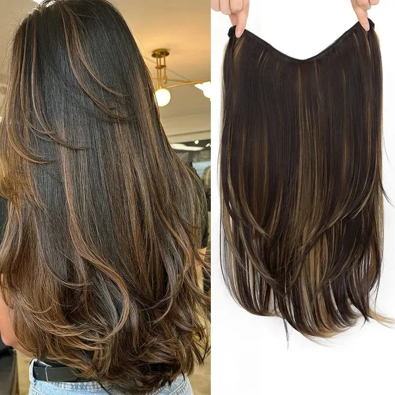 22Inch Synthetic Long Straight Layered Clip-in Hair Extension V-shaped Black Blonde Invisible Hairpiece for Women — image 11
