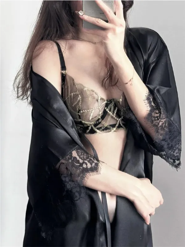 Luxury Lace Shiny Gold Embroidery Sexy Lingerie Set Women Bra + Thong Panties Transparent Erotic Night Party Intimate Underwear