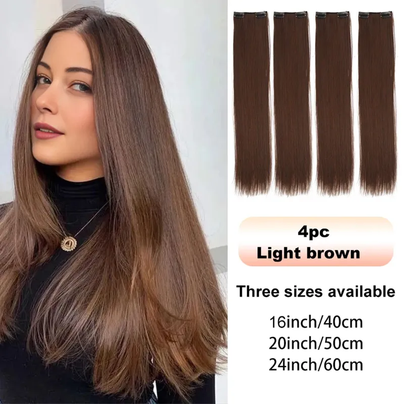 4PCS synthetic hair extension piece long straight hair wig clip heat-resistant wig piece extension on a woman's hair