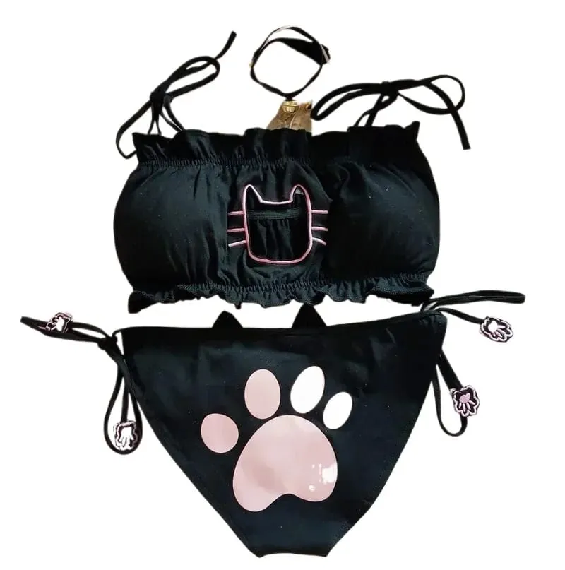 Japanese Anime Cat Girl Cosplay Bra Panties Set Women Sexy Lingerie Underwear Intimates Kawaii Lolita Hollow Out Kitty Nightwear