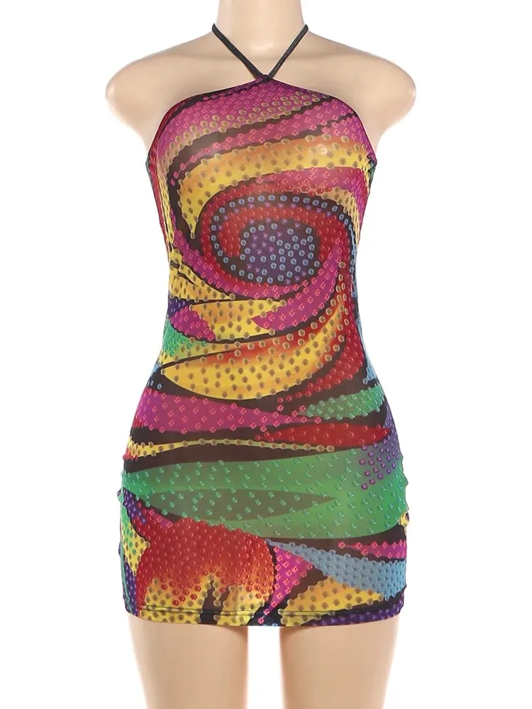Weird Puss Colorful Print Mini Dress Woman Hottie Trend Lace-Up Halter Off Shoulder Skinny Wrap Hip Midnight Club Party Bodycon