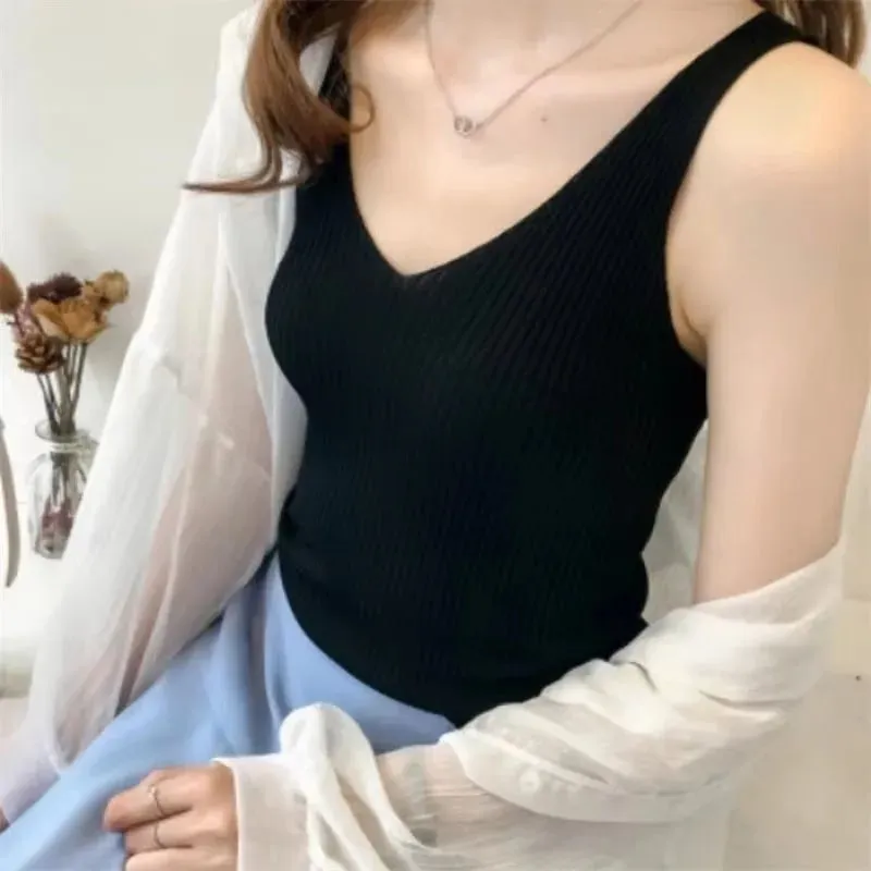 Women Summer Tanks Camis Vest Fashion Casual Sleeveless Ladies Street V-Neck Solid Color Tanks Tops Tees Hotsweet