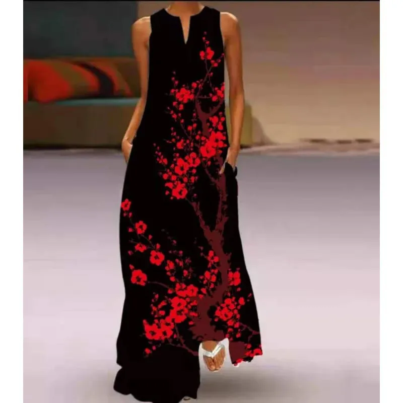 Women Dresses 2026 New summer wear sleeveless long dress V-neck printed emerald flower dress women's clothing vestidoes