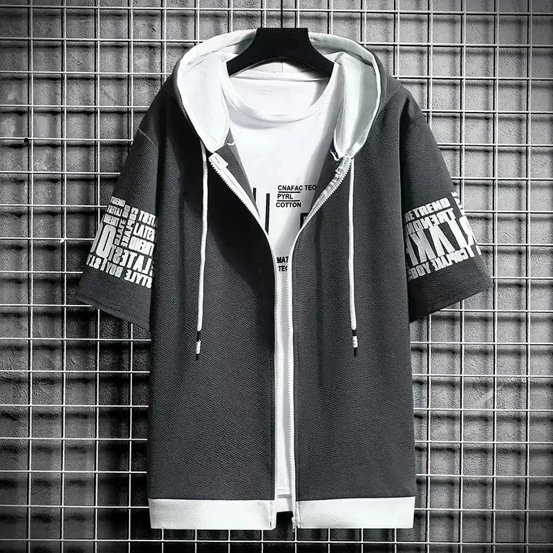 Fashion Men's Hoodies Summer Men Clothing T-shirt Zipper Hood Cartoon Casual T Shirt Print Hooded Top Short Sleeve Men