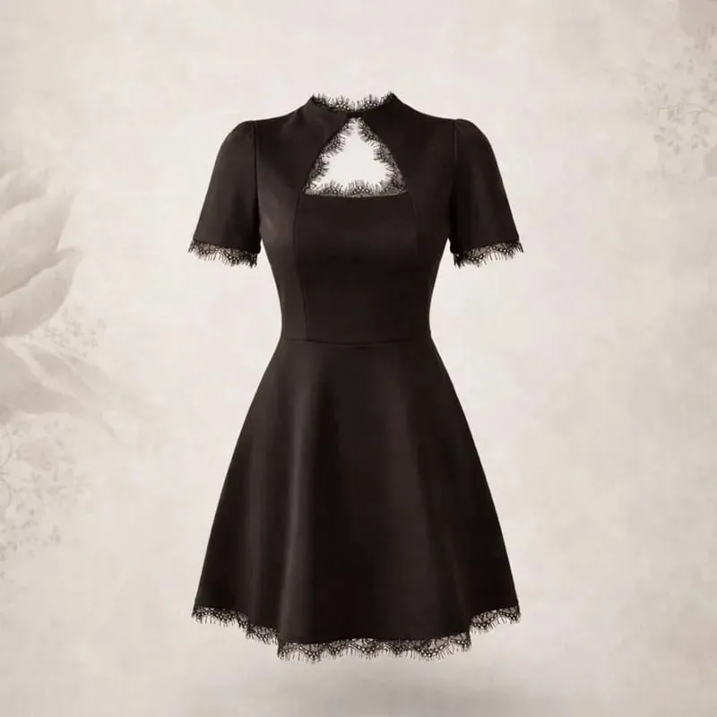 Tossy Black Lace Hollow Out Mini Dress Female Patchwork Short Sleeve Sexy High Waist Party Dress Women's Casual Printed Dress