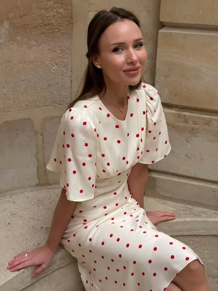 Women's White Red Polka Dot Mixi Dress Elegant Round Neck Flutter Short Sleevewaist Cinching Dresses Women Summer Daily Outfit