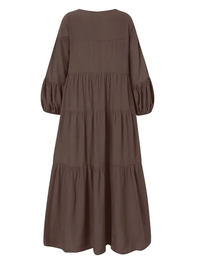Robe longue à volants Vintage pour femmes, tenue de printemps décontractée, manches bouffantes, Maxi, col en V, robes élégantes