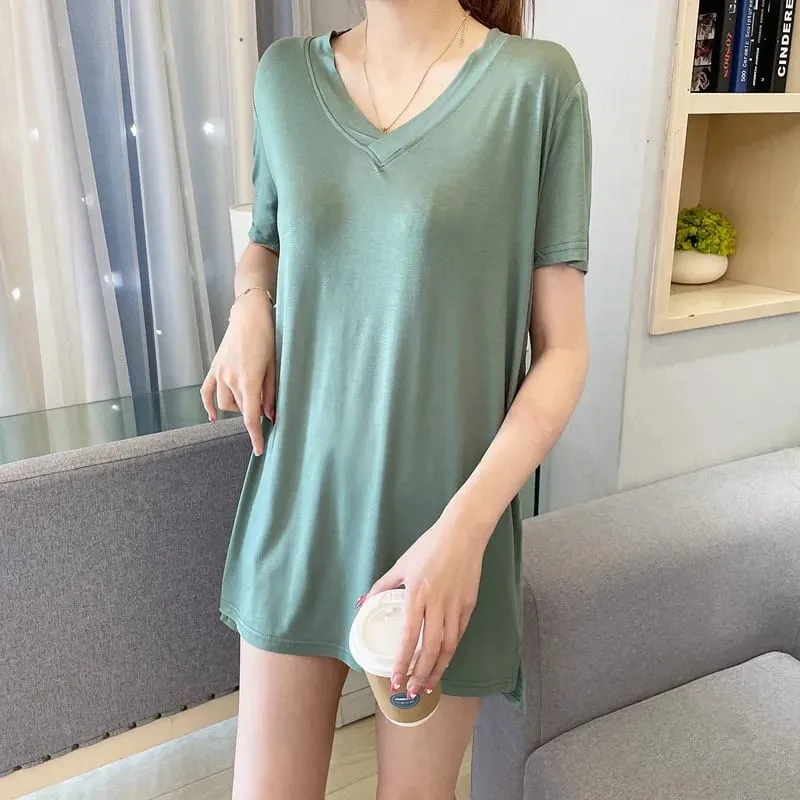 Loose Modal Short Sleeve V-Neck Midi Dress Thin Home Clothes Sleepwear Women's Base Skirt Comfortable plus Size Casual Style