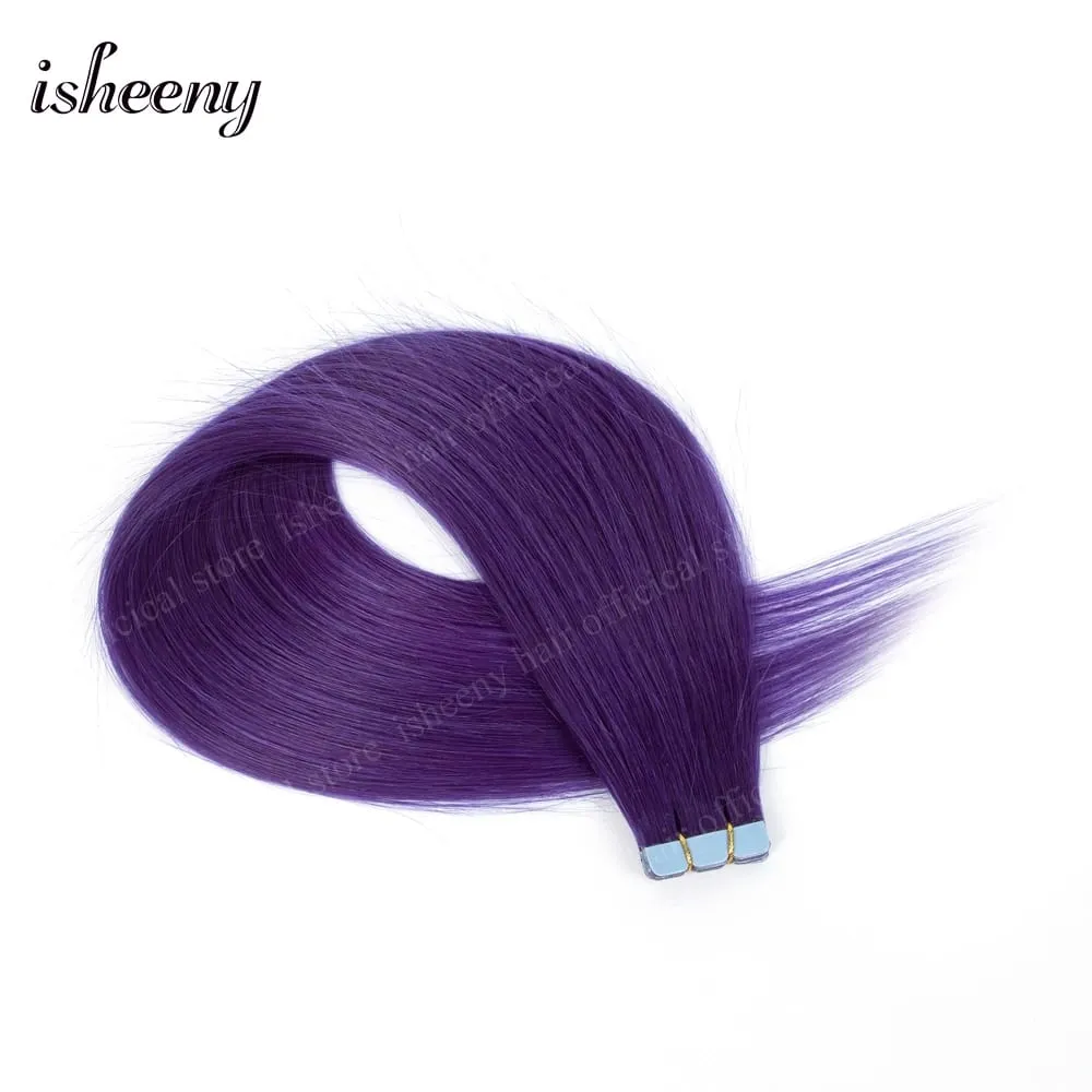 Isheeny 12' 16' 20' Tape In Hair Extensions Invisible Adhesive Tape In Hair Extension 10pcs/pack Pink Purple Blue Colorful Hair