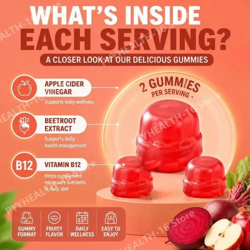 Googeer Apple Cider Vinegar Gummies Fruity with Beetroot Extract and Vitamin B12 Supports Daily Health Management 60 Gummies