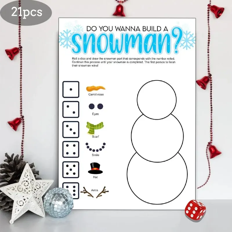 21pcs Christmas Roll a Snowman Game Cards Dice Rolling Game Set Snowman Drawing Game Family Party and Holiday Party Game