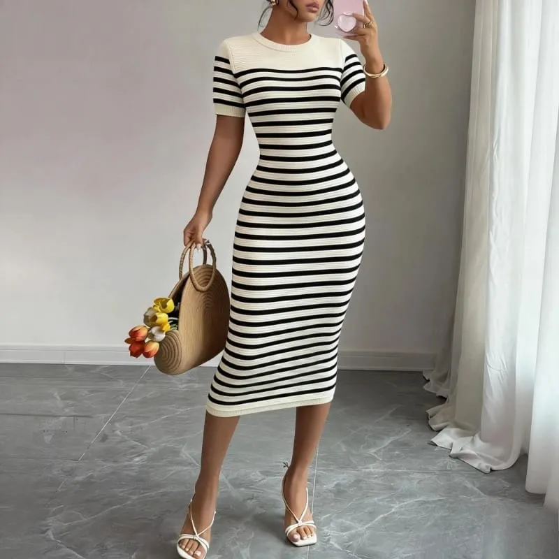 Women's Black Striped Crew Neck Short Sleeve Stretchy Knit Midi Dress Bodycon Sundress Casual Summer Daily Party Dress Outfits — image 4