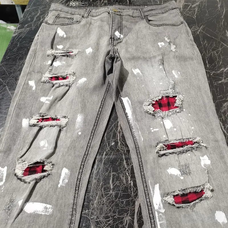 Bagong Panlalaking Skinny Ripped Jeans Fashion Grid Hole Endothecium Patches Slim Fit Stretch Casual Denim Pencil Pants Jogging Trousers
